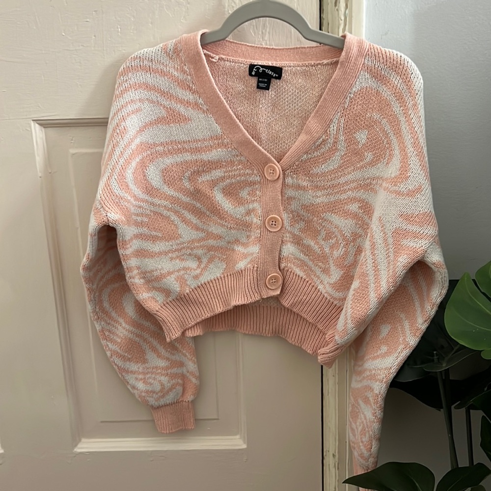 Art Class Pink and White Swirl Cropped Cartigan